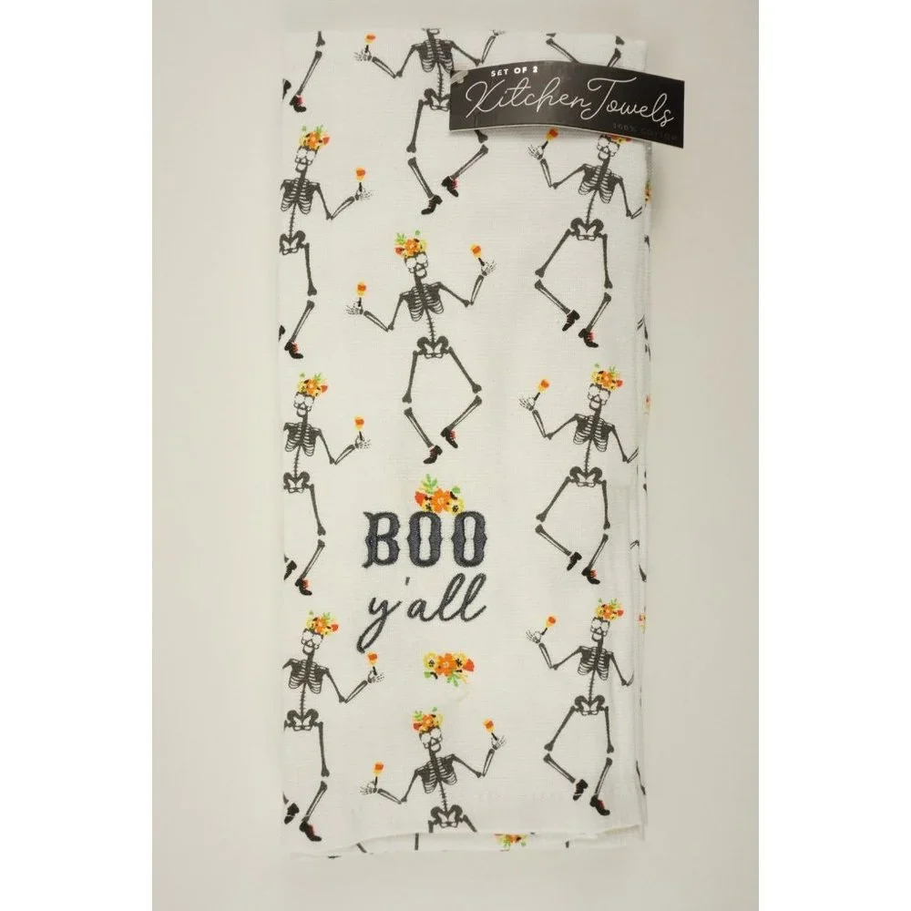 New Set of Two Boo Y'all Halloween Kitchen Towels White Texas Fall Skeleton
